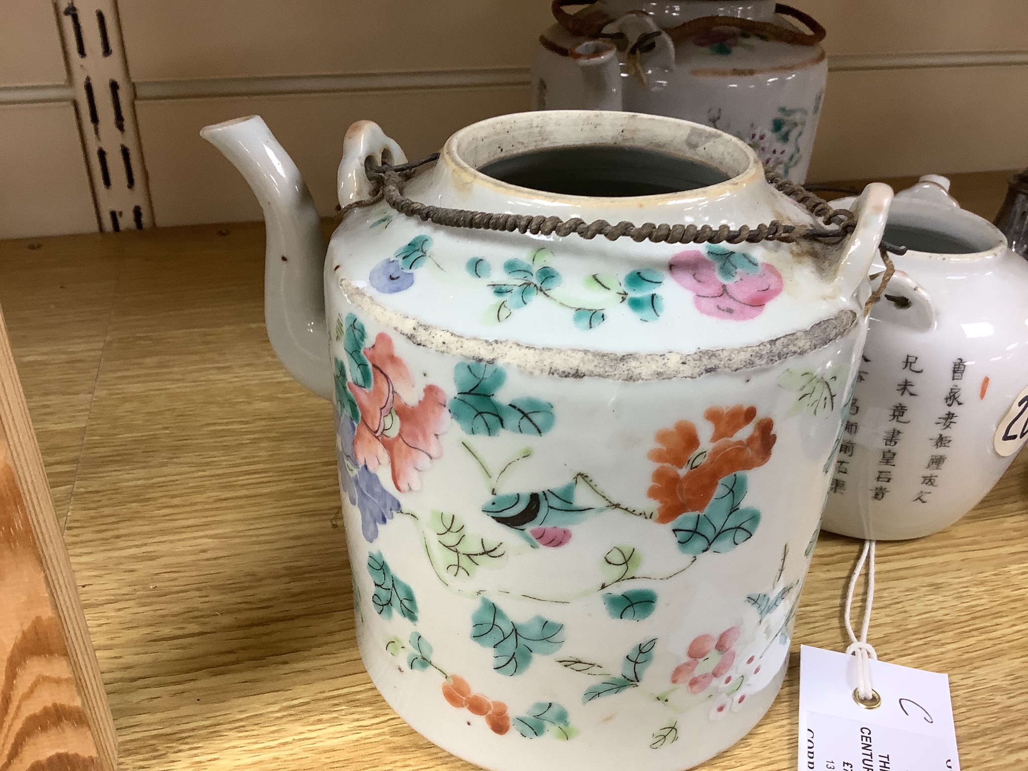 Three 19th century Chinese famille rose teapots, tallest 14cm